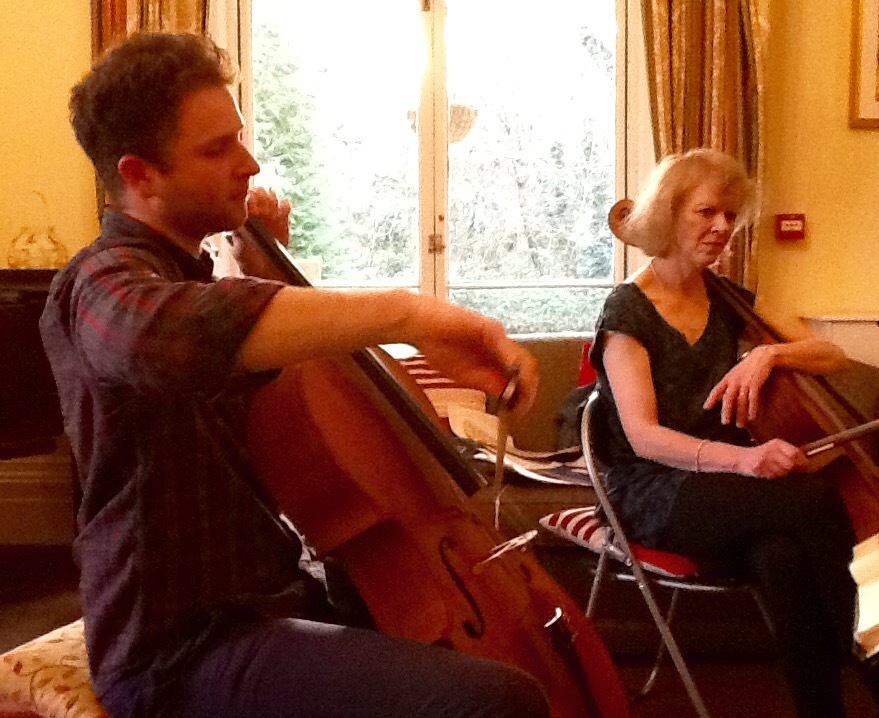 Julia and her son Tim play duos at Woodcote Grove Residential Home for Friends of the Elderly