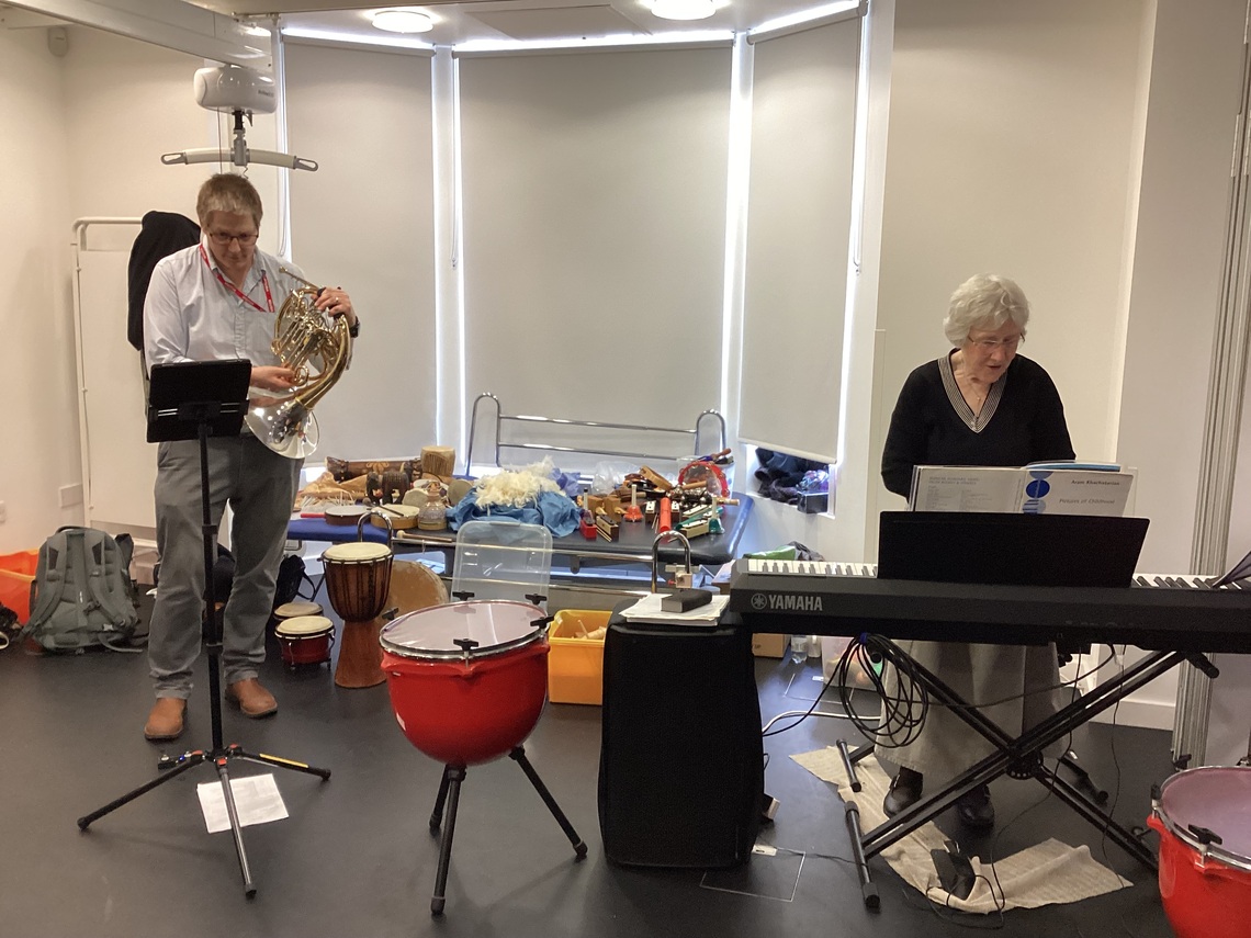 Ready for action, horn, keyboard and props 