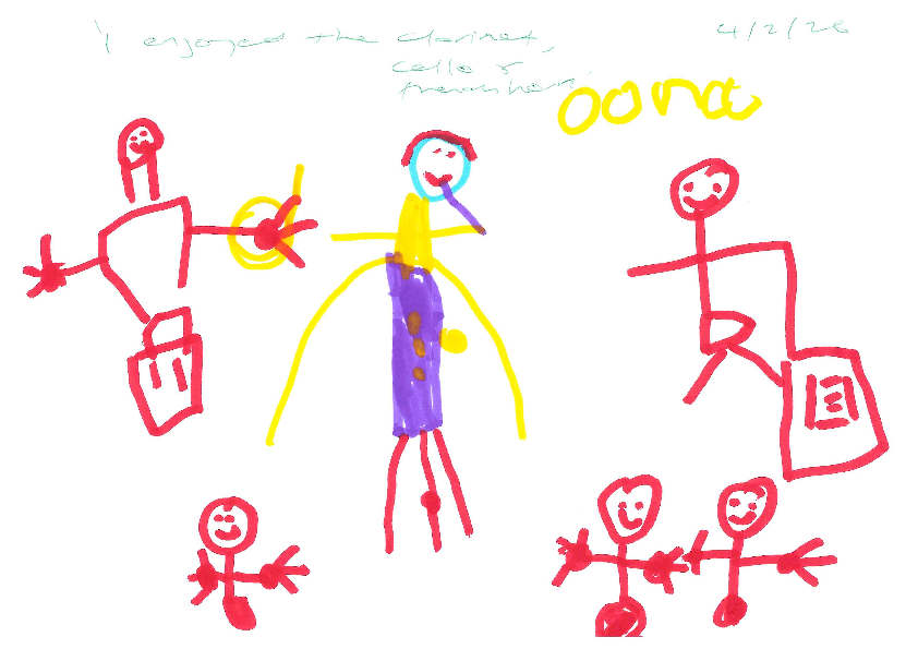 Drawing of clarinet, horn and cello trio